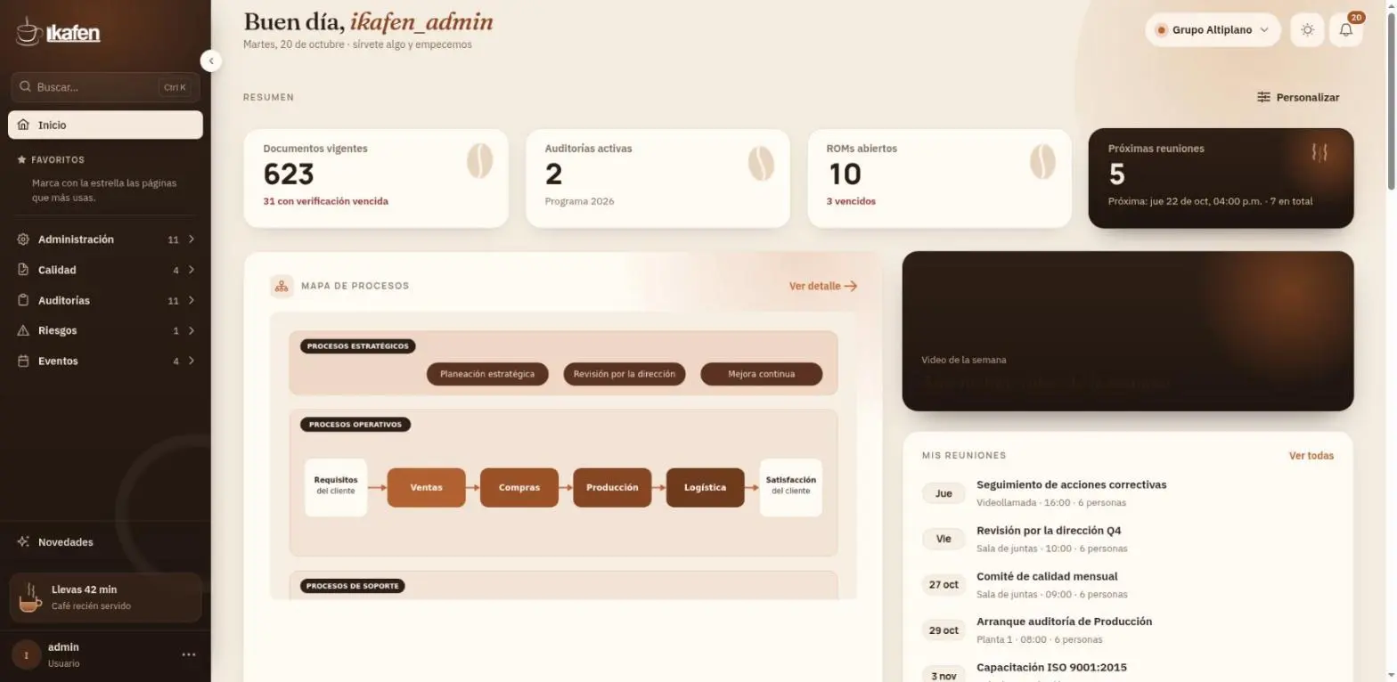 Dashboard de Ikafen con documentos, auditorías, ROMs y próximas reuniones